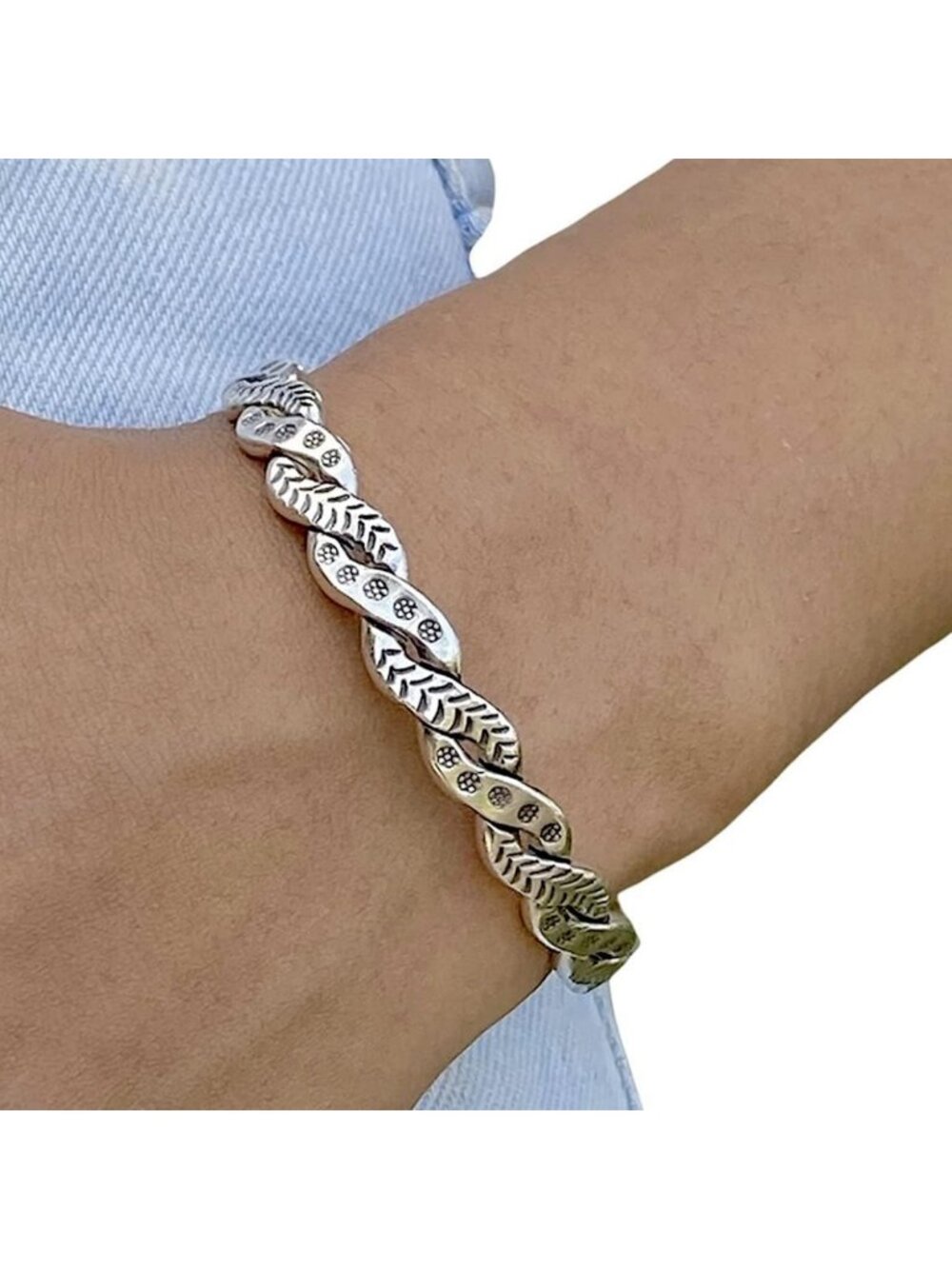 Boho Braided Floral Sterling Silver Cuff Bracelet, Adjustable Woven Gift for Her